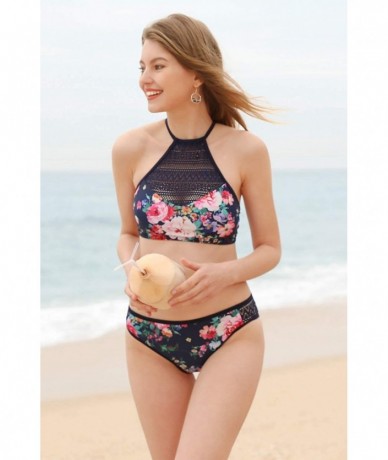 Sets Women Halter Bikini Swimsuit High Neck Bathing Suits Two Piece Swimwear - Navy Crochet-floral - C7194QWK5QI $43.17