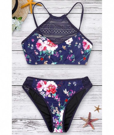 Sets Women Halter Bikini Swimsuit High Neck Bathing Suits Two Piece Swimwear - Navy Crochet-floral - C7194QWK5QI $43.17