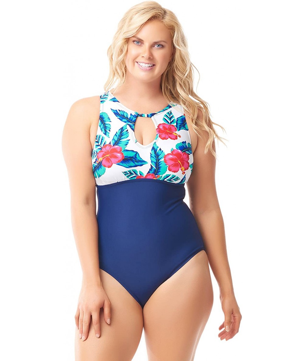 One-Pieces Deep V One Piece Bathing Suit - White Hibiscus - C218G4K88Y2 $60.37