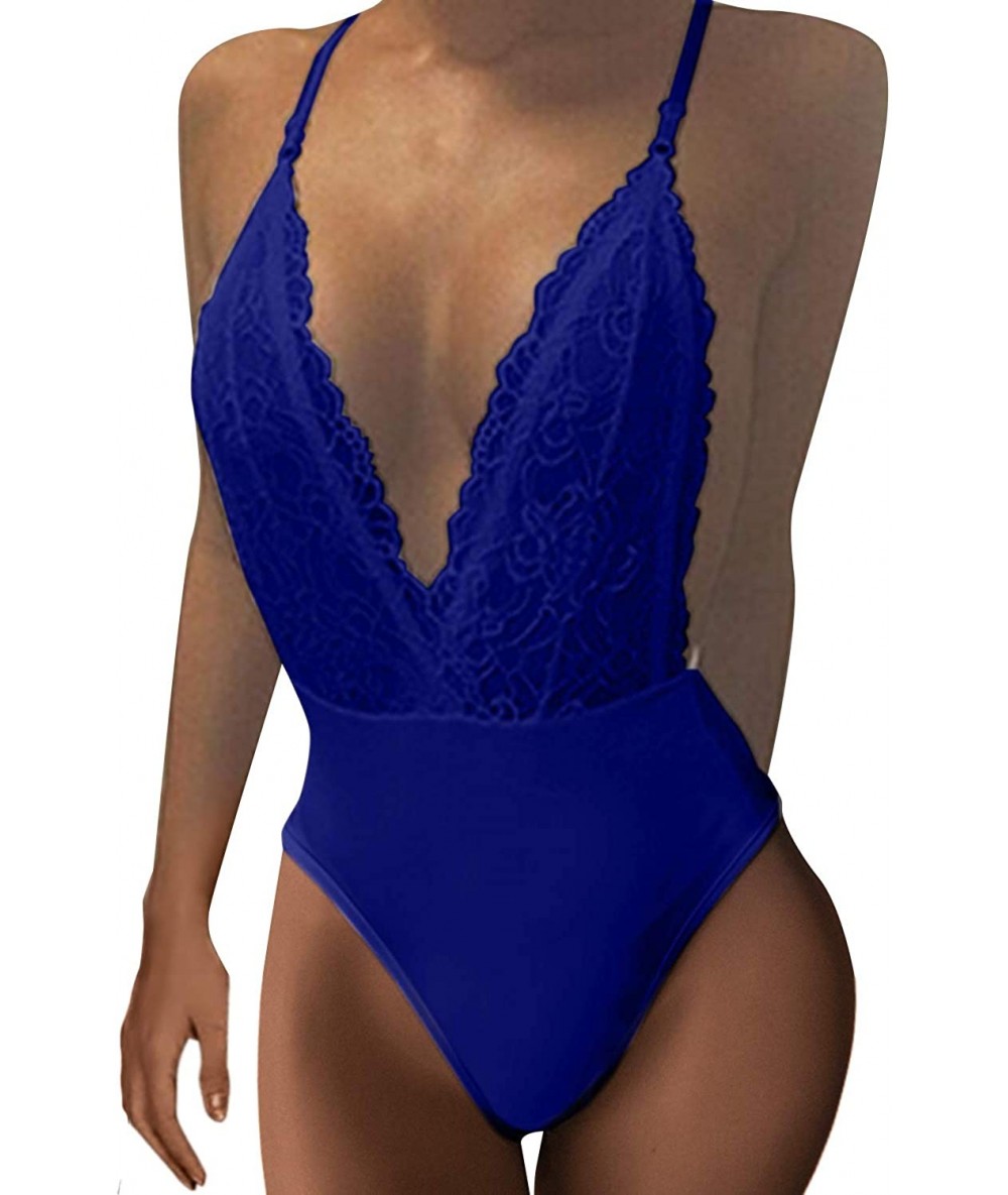 One-Pieces Women Bodysuits Lace Backless Plunge V Neck Strap Halter Bodycon Babydoll - Blue - CG180HO08M6 $31.36