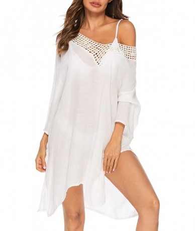 Cover-Ups Women's V-Neck Hollow Out Knitted Swimsuit Bikini Cover Ups Swimwear Tassels Beach Dress - D White - C618QNQRTK4 $3...