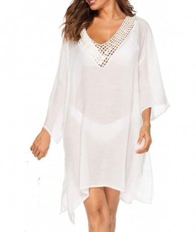 Cover-Ups Women's V-Neck Hollow Out Knitted Swimsuit Bikini Cover Ups Swimwear Tassels Beach Dress - D White - C618QNQRTK4 $3...