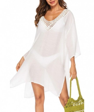 Cover-Ups Women's V-Neck Hollow Out Knitted Swimsuit Bikini Cover Ups Swimwear Tassels Beach Dress - D White - C618QNQRTK4 $3...