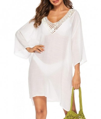 Cover-Ups Women's V-Neck Hollow Out Knitted Swimsuit Bikini Cover Ups Swimwear Tassels Beach Dress - D White - C618QNQRTK4 $3...