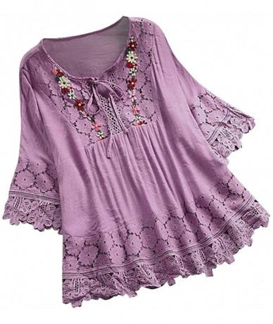 Racing Women Loose Shirt- Short Sleeve Shirt Cotton Linen Plus Size Tunic - Z5-purple - CS18W8XTQ9R $42.63