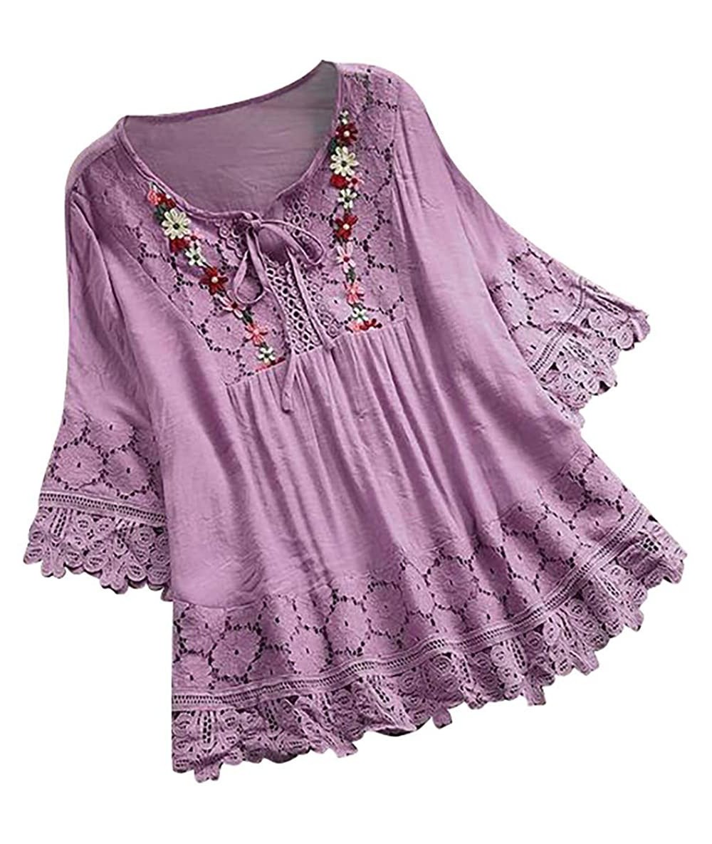 Racing Women Loose Shirt- Short Sleeve Shirt Cotton Linen Plus Size Tunic - Z5-purple - CS18W8XTQ9R $42.63