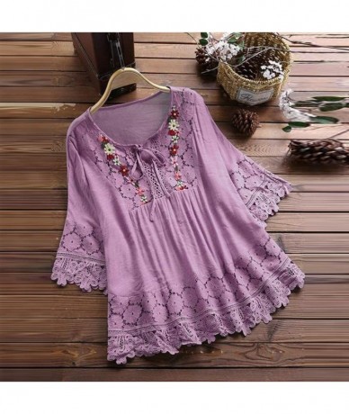 Racing Women Loose Shirt- Short Sleeve Shirt Cotton Linen Plus Size Tunic - Z5-purple - CS18W8XTQ9R $42.63