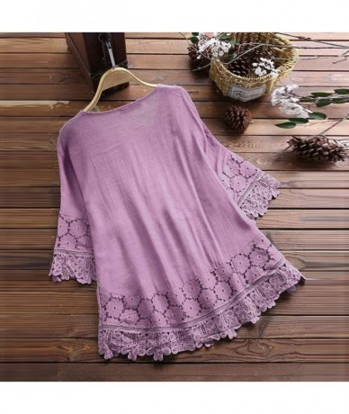 Racing Women Loose Shirt- Short Sleeve Shirt Cotton Linen Plus Size Tunic - Z5-purple - CS18W8XTQ9R $42.63