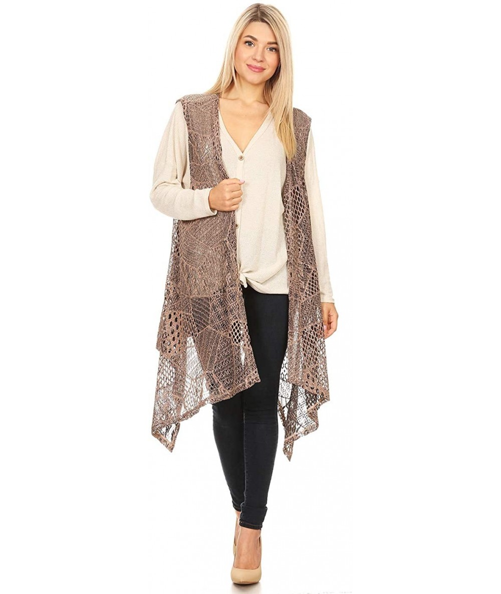 Cover-Ups Womens Sleeveless Open Front Crochet Shawl Cardigan Bikini Cover Up - Brown(long) - CM18SSUWNHQ $43.00