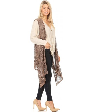 Cover-Ups Womens Sleeveless Open Front Crochet Shawl Cardigan Bikini Cover Up - Brown(long) - CM18SSUWNHQ $43.00