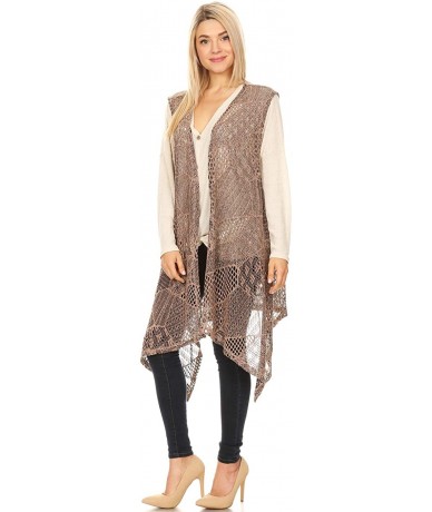 Cover-Ups Womens Sleeveless Open Front Crochet Shawl Cardigan Bikini Cover Up - Brown(long) - CM18SSUWNHQ $43.00