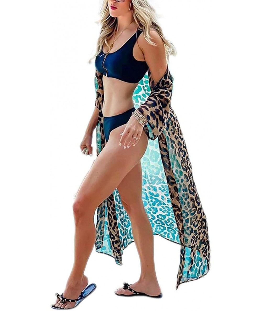 Cover-Ups Women Sexy Chiffon/Rayon Open Front Kimono Cardigan Long Swimsuit Cover Up - Leopard Print 1 - CL194HQA3I3 $40.09