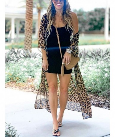 Cover-Ups Women Sexy Chiffon/Rayon Open Front Kimono Cardigan Long Swimsuit Cover Up - Leopard Print 1 - CL194HQA3I3 $40.09