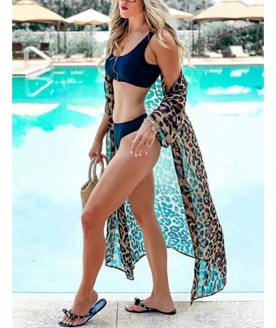 Cover-Ups Women Sexy Chiffon/Rayon Open Front Kimono Cardigan Long Swimsuit Cover Up - Leopard Print 1 - CL194HQA3I3 $40.09