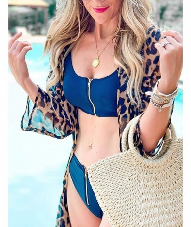 Cover-Ups Women Sexy Chiffon/Rayon Open Front Kimono Cardigan Long Swimsuit Cover Up - Leopard Print 1 - CL194HQA3I3 $40.09