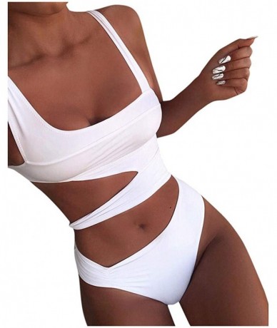 Bottoms Women One Piece Swimsuit High Neck Plunge Mesh Ruched Monokini Swimwear - A-white - CQ194EAGIZQ $35.17