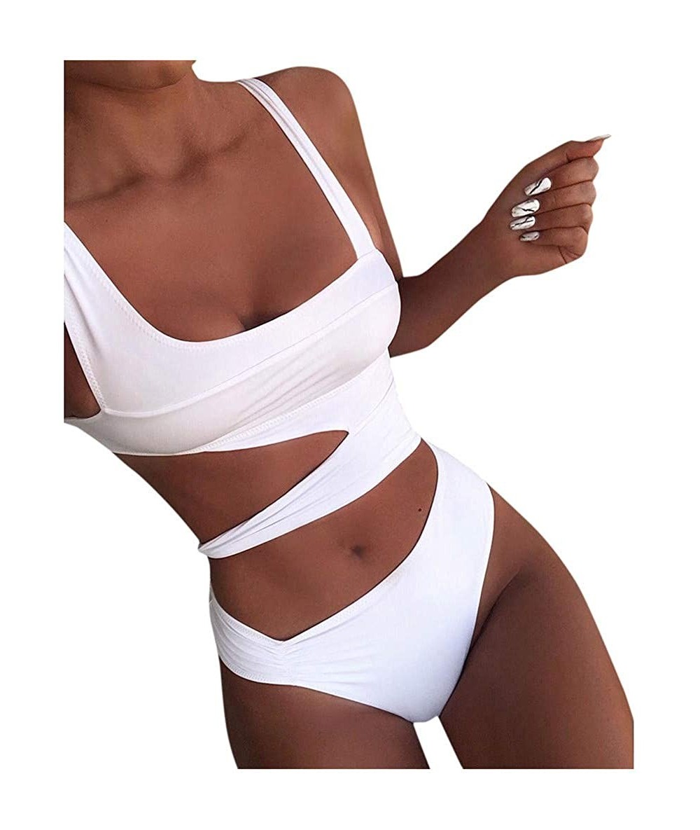 Bottoms Women One Piece Swimsuit High Neck Plunge Mesh Ruched Monokini Swimwear - A-white - CQ194EAGIZQ $35.17