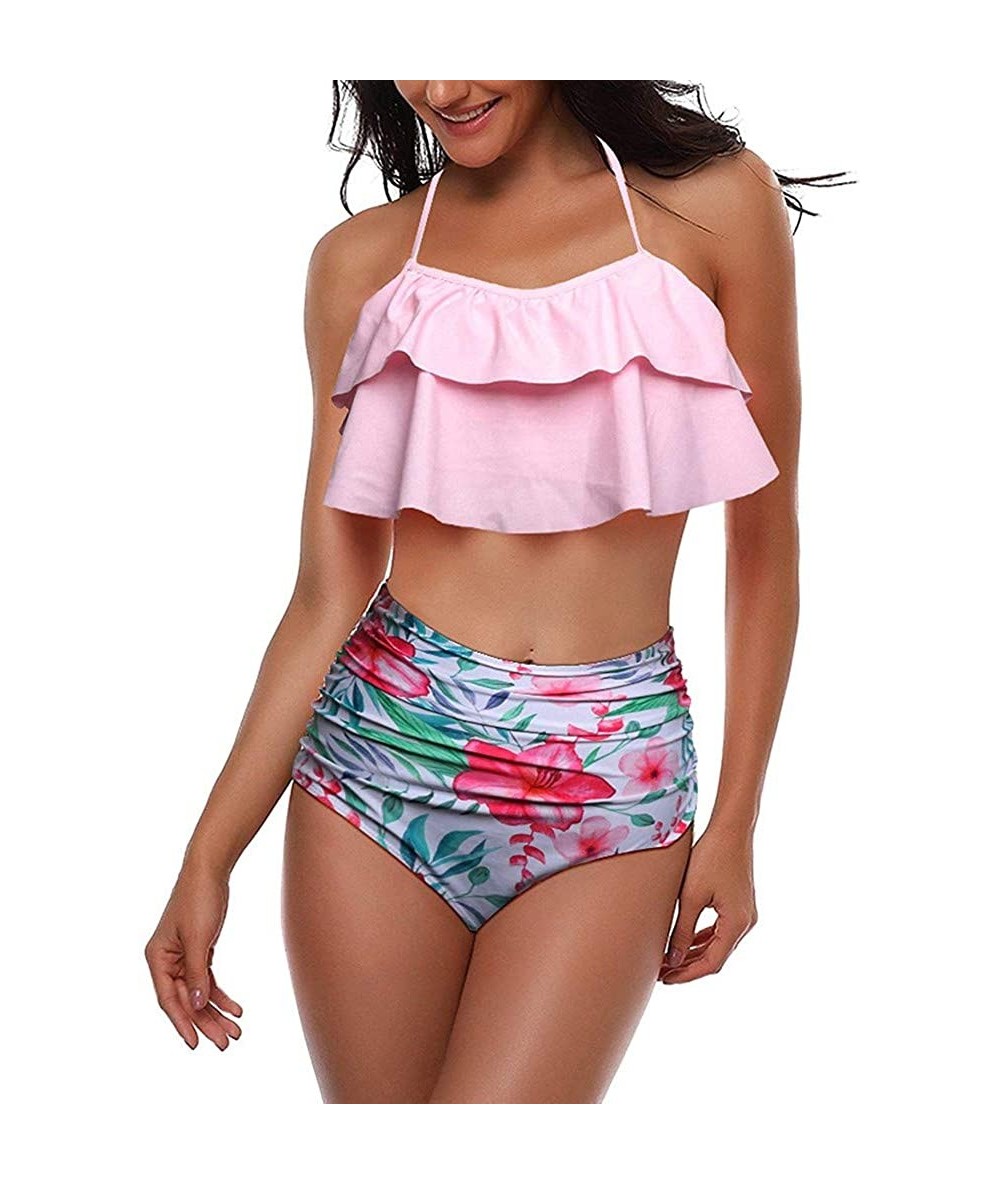 Rash Guards Swimsuit for Women Two Pieces Top Ruffled Backless Racerback with High Waisted Bottom Tankini Set - Pink - C8194W...