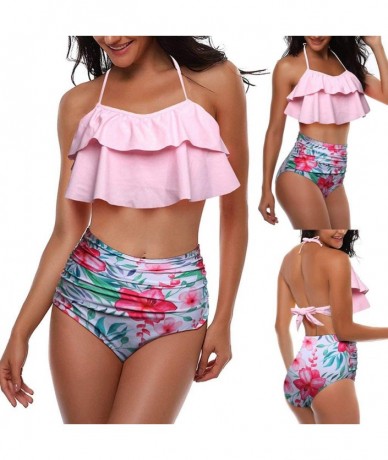 Rash Guards Swimsuit for Women Two Pieces Top Ruffled Backless Racerback with High Waisted Bottom Tankini Set - Pink - C8194W...