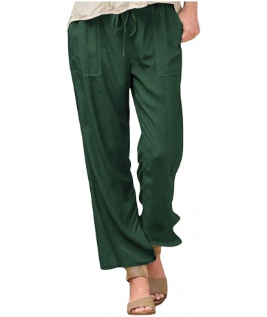 Rash Guards Women's Elastic Waist Drawstring Solid Linen Pants Tapered Trousers with Pockets - Green - CJ19DZ3747Z $45.54