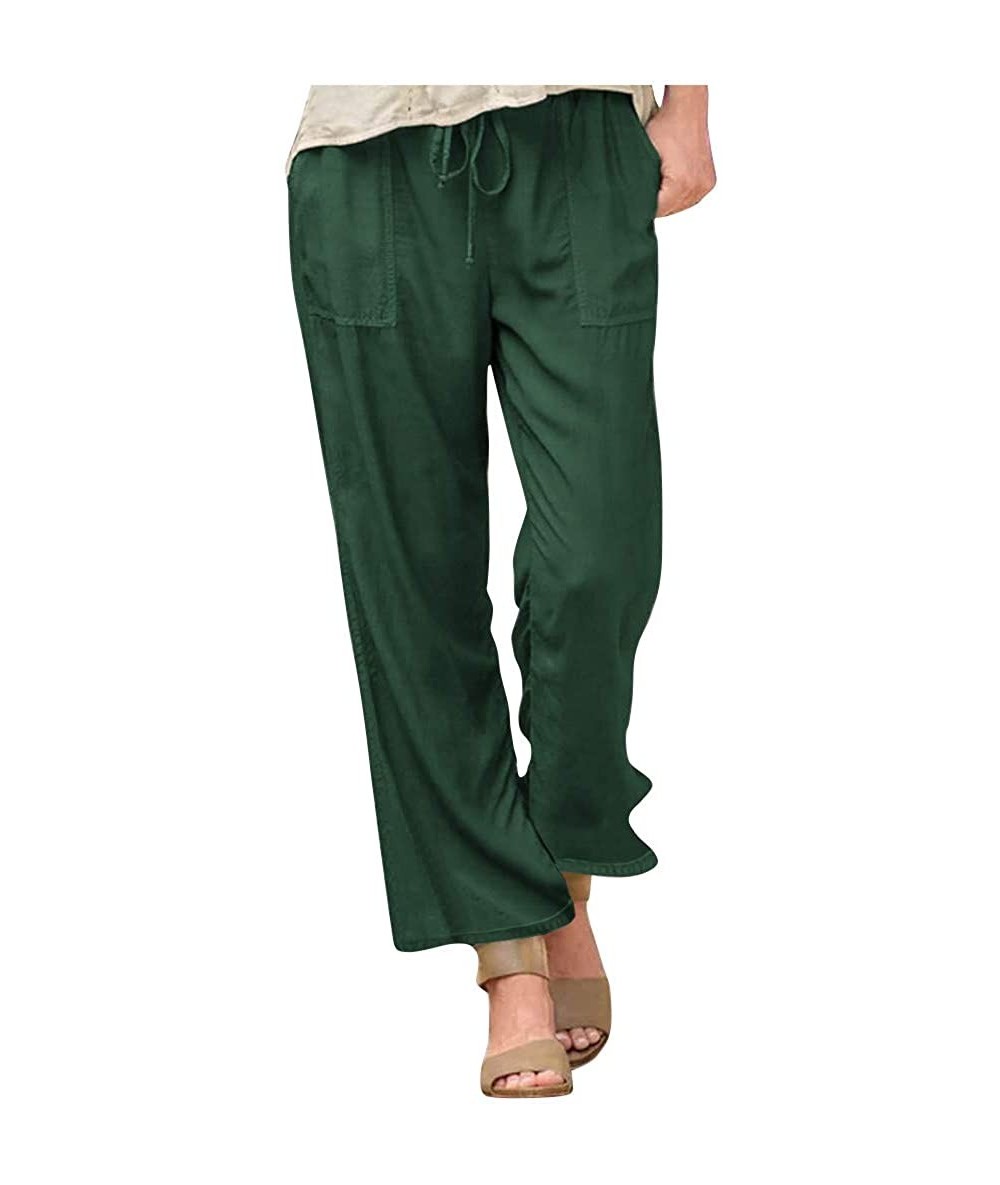 Rash Guards Women's Elastic Waist Drawstring Solid Linen Pants Tapered Trousers with Pockets - Green - CJ19DZ3747Z $45.54