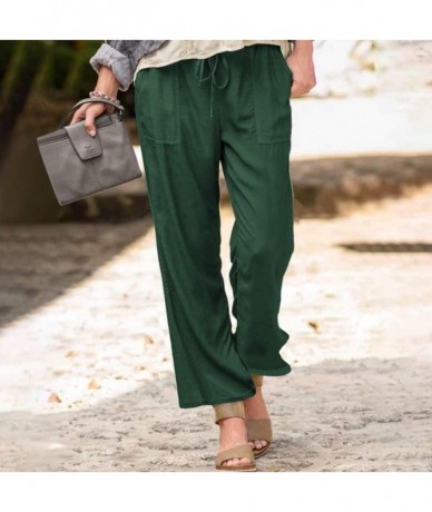 Rash Guards Women's Elastic Waist Drawstring Solid Linen Pants Tapered Trousers with Pockets - Green - CJ19DZ3747Z $45.54