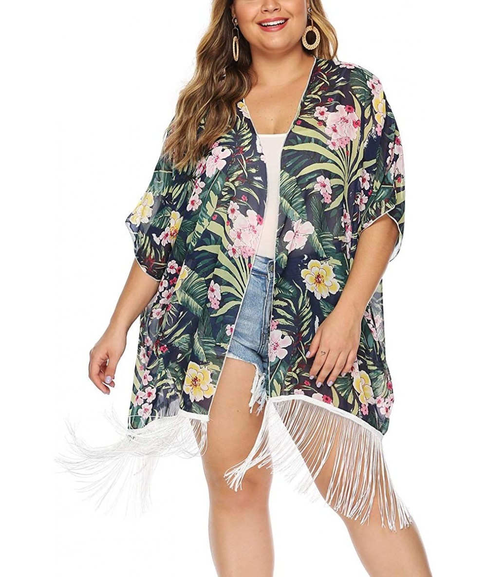 Cover-Ups Womens Plus Size Floral Chiffon Cardigan Summer Kimono Sheer Beach Swimsuit Cover Ups - 02-green - C2198XH5A6R $20.06