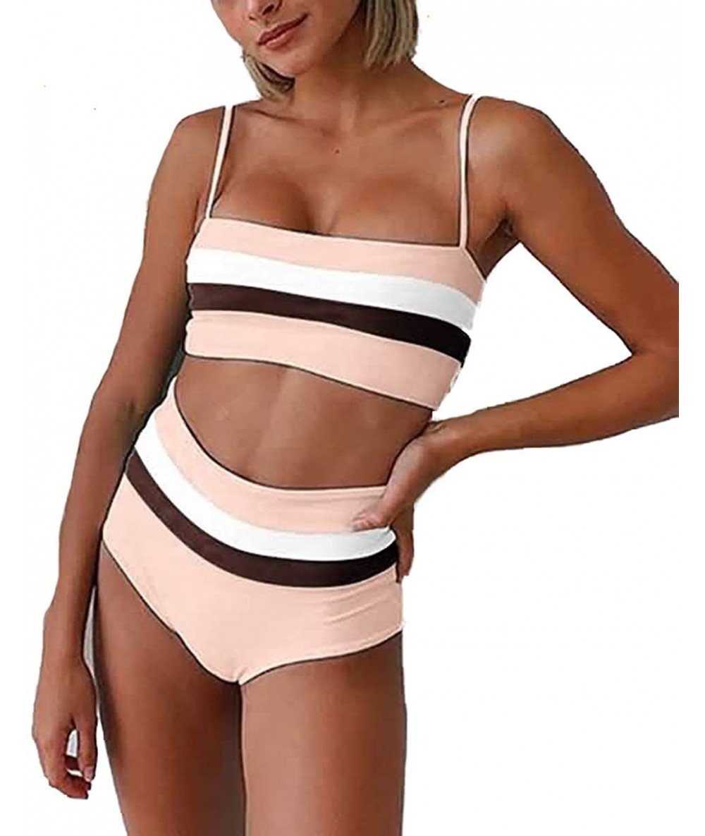 Sets Women's Bikini Set Stripe Color Block Patchwork Cropped Sporty 2PCS Swimsuits High Waist Swimwear - Pink - CQ18RA4ECQW $...