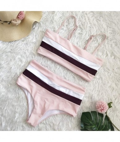 Sets Women's Bikini Set Stripe Color Block Patchwork Cropped Sporty 2PCS Swimsuits High Waist Swimwear - Pink - CQ18RA4ECQW $...