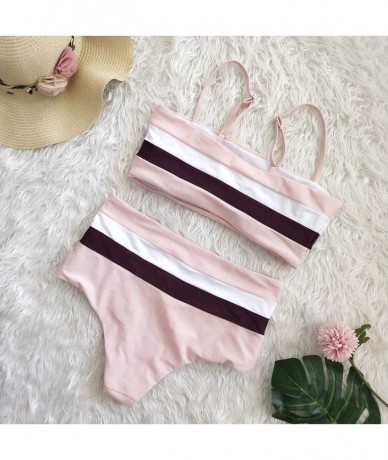 Sets Women's Bikini Set Stripe Color Block Patchwork Cropped Sporty 2PCS Swimsuits High Waist Swimwear - Pink - CQ18RA4ECQW $...