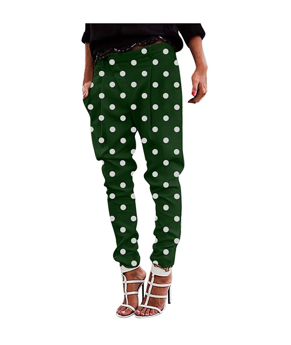 Rash Guards Women's Casual Pants Mid Waist Polka Dot Printing Comfortable Slim Trouser with Pockets - Green - CP18A8UO792 $26.03