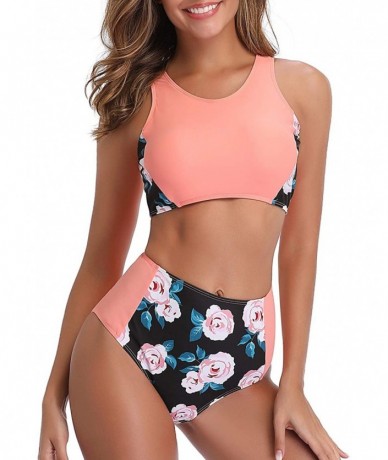 Sets Women High Waisted Bikini Sporty Racerback Retro High Neck Two Piece Swimsuits - Pink - CN18SU0959R $52.74