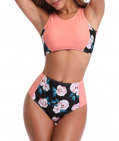 Sets Women High Waisted Bikini Sporty Racerback Retro High Neck Two Piece Swimsuits - Pink - CN18SU0959R $52.74