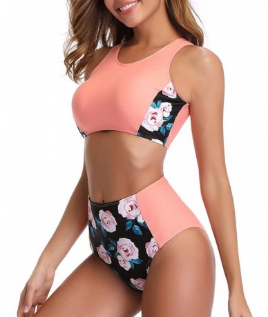 Sets Women High Waisted Bikini Sporty Racerback Retro High Neck Two Piece Swimsuits - Pink - CN18SU0959R $52.74