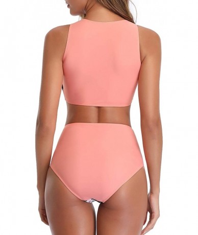 Sets Women High Waisted Bikini Sporty Racerback Retro High Neck Two Piece Swimsuits - Pink - CN18SU0959R $52.74