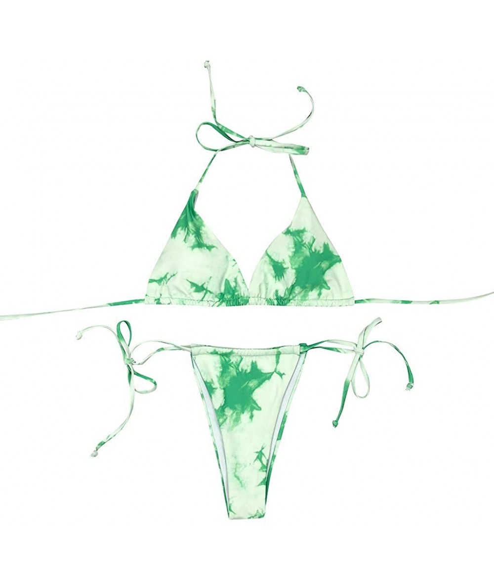 Sets Women's Tie-Dye Lace Up Halter Triangle Bikini Set G-String Thong Swimwear Two Piece Bathing Suit - Green - CD190HZIZQ7 ...