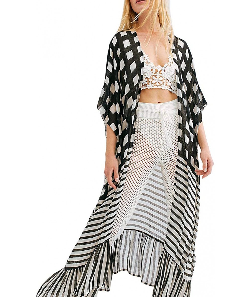 Cover-Ups Swimsuit Cover Ups Kimonos for Women Summer Long Cardigan Bikini Beach Cover Up Printed Maxi Dress Stripes Lattice ...