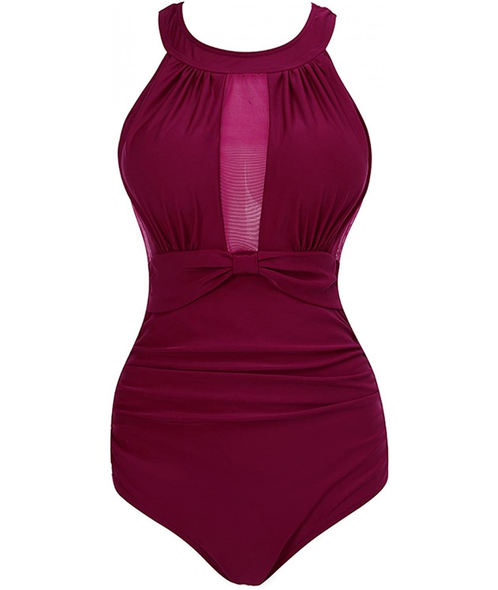 One-Pieces Womens One Piece High Neck V-Neckline Mesh Ruched Monokini Swimwear - Deep Red - C518CKK5024 $36.72