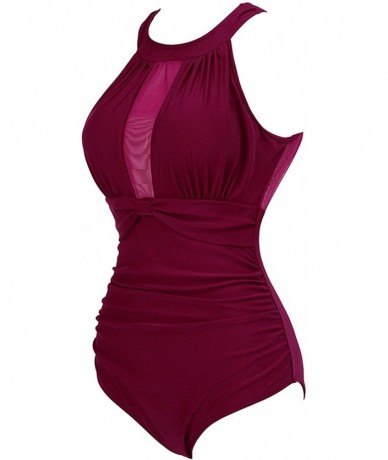 One-Pieces Womens One Piece High Neck V-Neckline Mesh Ruched Monokini Swimwear - Deep Red - C518CKK5024 $36.72