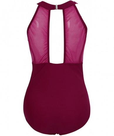 One-Pieces Womens One Piece High Neck V-Neckline Mesh Ruched Monokini Swimwear - Deep Red - C518CKK5024 $36.72