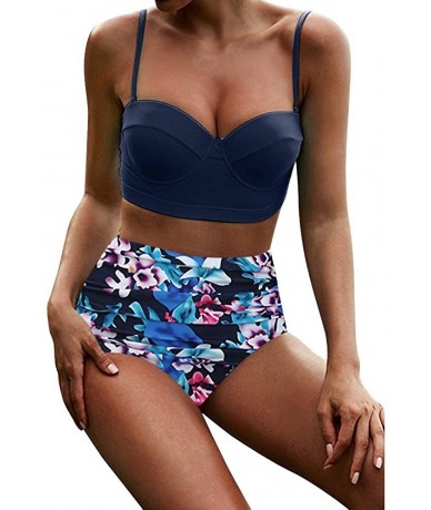 Sets Women Vintage Polka Dot High Waisted Swimsuit Bathing Suits Bikini Set Tankini Two Piece Bikini (top & Bottom) Blue3 - C...