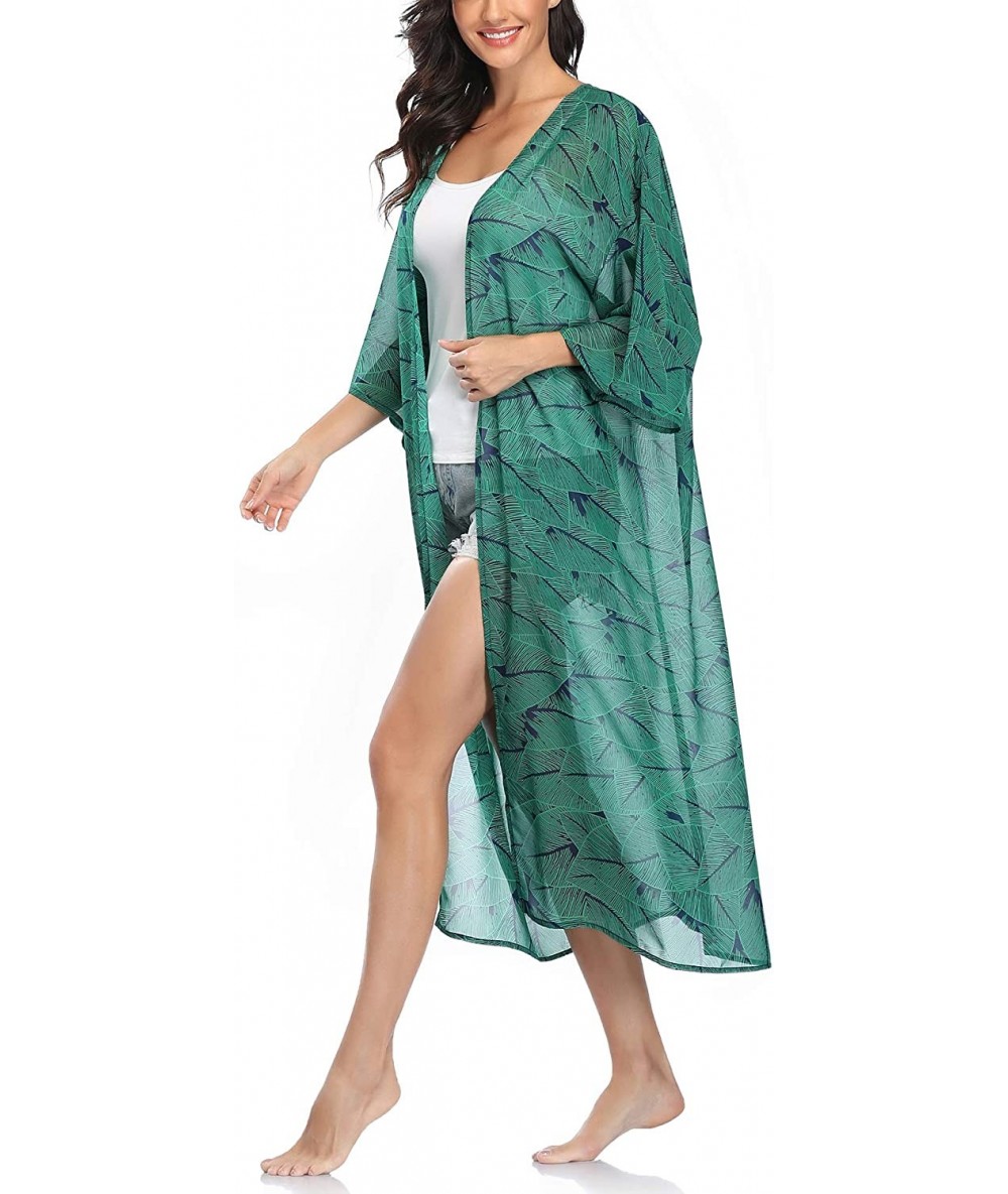 Cover-Ups Womens Long Chiffon Floral Kimono Cardigans Loose Blouse Summer Cover Ups - Dark-green - CJ18X2KGLWS $17.86