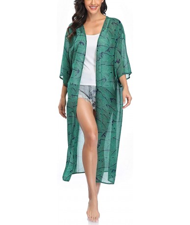 Cover-Ups Womens Long Chiffon Floral Kimono Cardigans Loose Blouse Summer Cover Ups - Dark-green - CJ18X2KGLWS $17.86