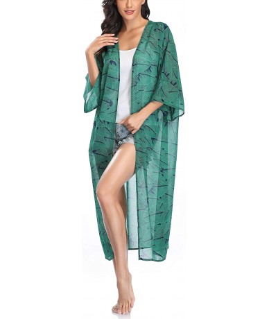 Cover-Ups Womens Long Chiffon Floral Kimono Cardigans Loose Blouse Summer Cover Ups - Dark-green - CJ18X2KGLWS $17.86