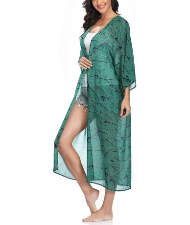 Cover-Ups Womens Long Chiffon Floral Kimono Cardigans Loose Blouse Summer Cover Ups - Dark-green - CJ18X2KGLWS $17.86