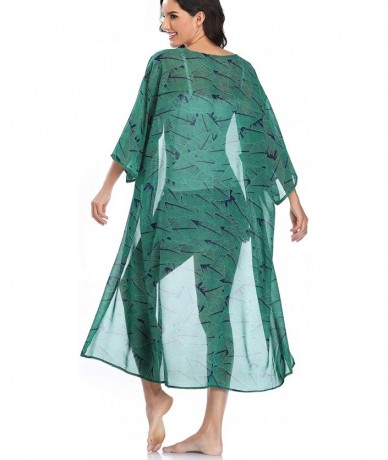 Cover-Ups Womens Long Chiffon Floral Kimono Cardigans Loose Blouse Summer Cover Ups - Dark-green - CJ18X2KGLWS $17.86