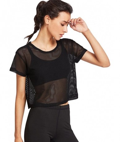 Cover-Ups Women's Sporty Beach Cover Up Short Sleeve See Through Sheer Mesh T Shirt Dress - Black - C518RX25UHT $17.42