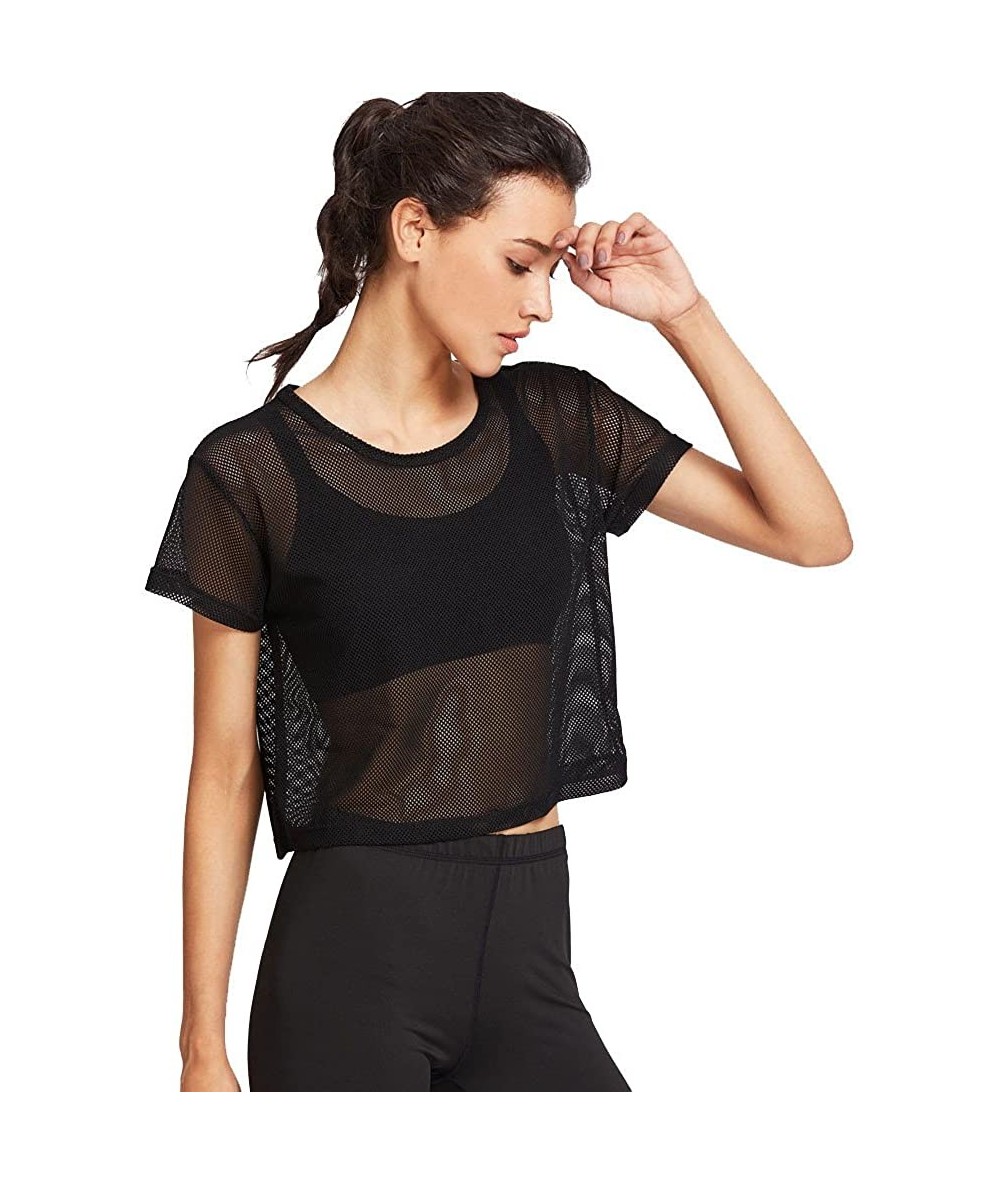 Cover-Ups Women's Sporty Beach Cover Up Short Sleeve See Through Sheer Mesh T Shirt Dress - Black - C518RX25UHT $17.42