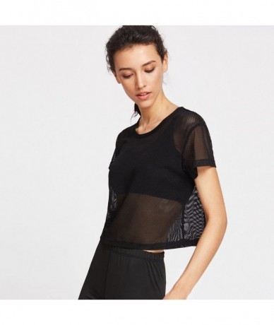 Cover-Ups Women's Sporty Beach Cover Up Short Sleeve See Through Sheer Mesh T Shirt Dress - Black - C518RX25UHT $17.42