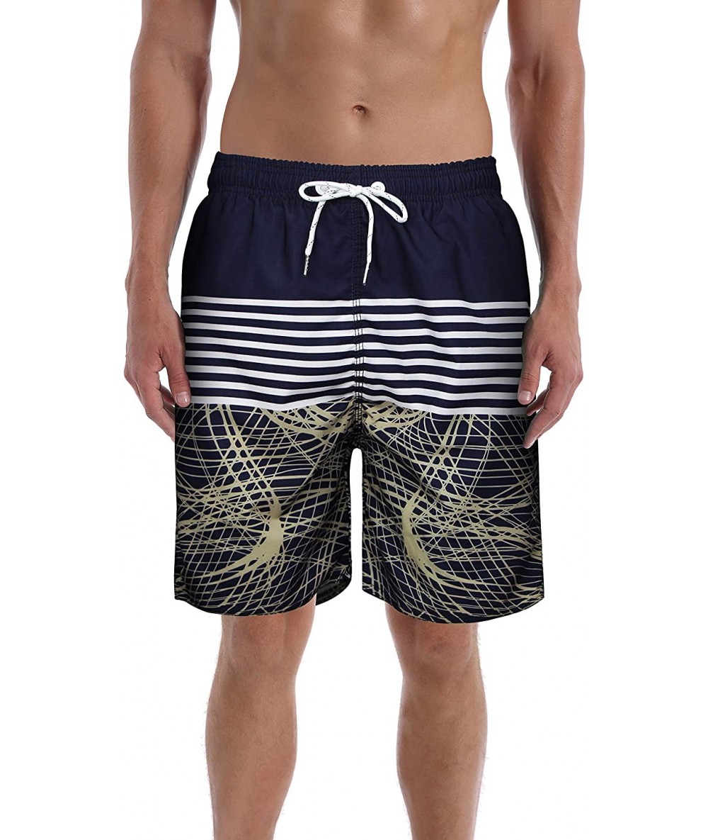 Board Shorts Men's Swim Trunk Beach Shorts - Navy Brown Web - CQ19C4WY3EH $37.18